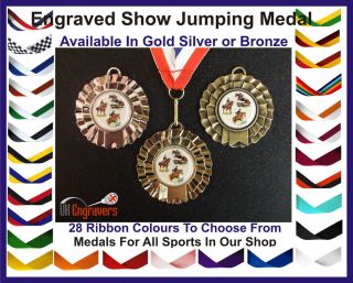 ENGRAVED HORSE SHOW JUMPING ROSETTE MEDAL WITH RIBBON TROPHY AWARD