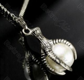 DRAGON CLAW NECKLACE big pearl PENDANT long 40CHAIN vintage brass