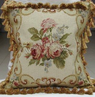 16 Roses French Aubusson Design Wool Needlepoint Sofa Chair Pillow