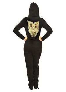 Womens Glam Sequin Owl Motif Zip Up Hooded Onesie All in One Jumpsuit