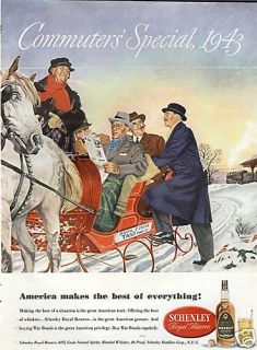 1943 SCHENLEY Whiskey AD~horse drawn SLED TAXI men RIDE