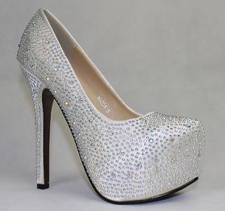 Ladies Silver Stiletto High Heel Diamante Crystal Rhinestone Platform