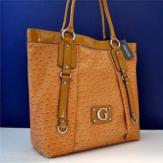 Guess Rogue Cognac Brown Ostrich Handbag Tote Satchel Purse Bag