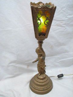 Early Cast Metal Cherub Stained Slag Glass Lamp Table Light Boy Torch