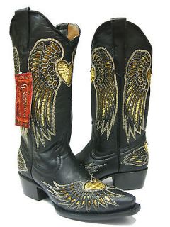 Womens ladies black leather cowboy boots sequins western rodeo biker