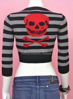 BETSEY JOHNSON Stripes and Red Skull Cropped Cardigan Sweater Black
