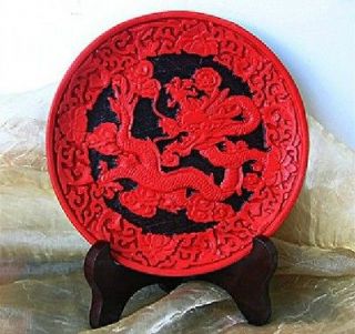 Handmade Carved Red Cinnabar Lacquer plate dragon with Stand X8910