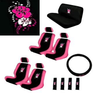 Cover Hawaii Floral Pink Flower +Steering Wheel Belt Pad Head Rest