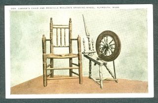 Chair, Priscilla Mullens Spinning Wheel, Plymouth, MA Postcard