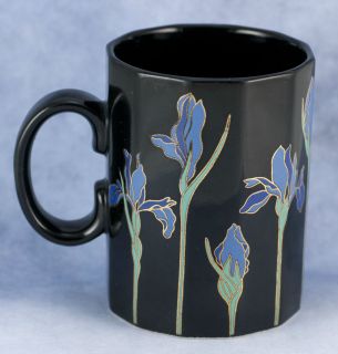 Vintage Otagiri Blue Iris On Black Paneled Coffee Mug Made In Japan