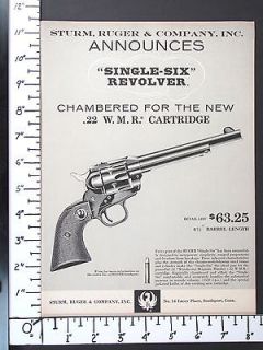 1959 RUGER New 22 WMR Rim Fire Magnum SINGLE SIX Revolver magazine Ad