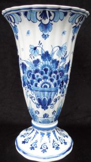 Large 11 Scalloped Rim Blue Floral Vase   Royal Porceleyne Fles Royal