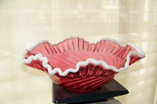 Vintage Cranberry Glass Bowl Crimped White Rim 11D