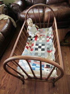 Antique Wood Baby Cradle Bassinet Bed Wooden Wheels Doll Quilt Display