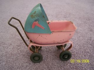 Vintage 1930s Toy Baby Stroller Metal with Wood Wheels