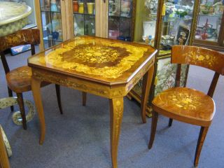 Vintage Wood Italian Inlaid Marquetry Game Table with 2 Chairs