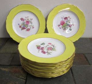 Copeland Set of 12 Cabinet Plates Floral Centers Yellow Rims 1943 Rare