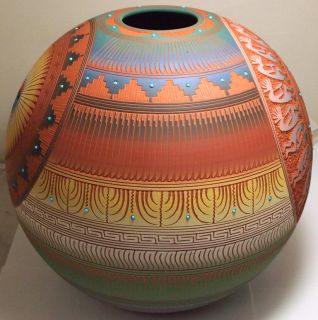 Navajo Etched Painted Sun Face Kokopelli Pottery Lori Smith