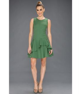 Halston Heritage S/L Scoop Neck Dress w/ Ruffle Skirt Womens Dress (Green)