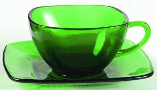 Anchor Hocking Charm Forest Green Cup and Saucer Set   Fire King,Green,Square,19