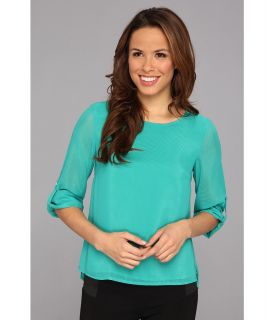 Calvin Klein Solid Roll Sleeve Top Womens Blouse (Green)