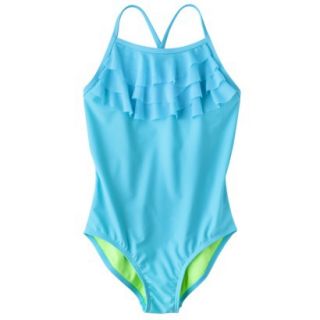 Xhilaration Girls 1 Piece Ruffle Swimsuit   Aqua XS