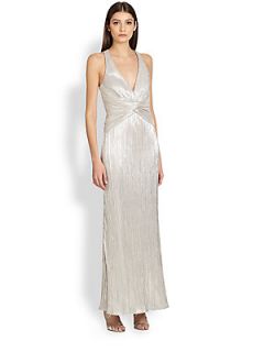 Laundry by Shelli Segal Foiled Jersey Twist Gown   Silver