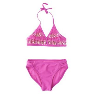 Xhilaration Girls 2 Piece Ruffled Sequin Halter Bikini Swimsuit Set   Pink M