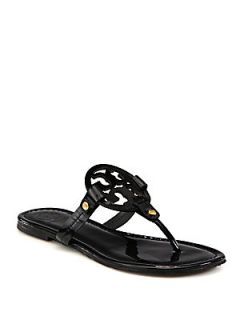 Tory Burch Miller Patent Leather Logo Thong Sandals   Black