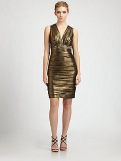 Carmen Marc Valvo Beaded Metallic Dress   Gold