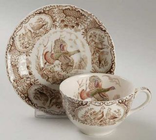 Johnson Brothers Wild Turkeys Brown (Native American) Flat Cup & Saucer Set, Fin