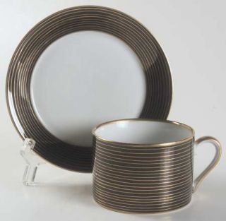 Fitz & Floyd Rondelle Black Flat Cup & Saucer Set, Fine China Dinnerware   Gold