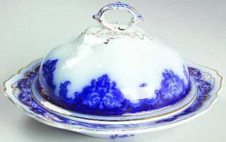 Johnson Brothers Georgia (Flow Blue, Gold Trim) Round Covered Butter, Fine China