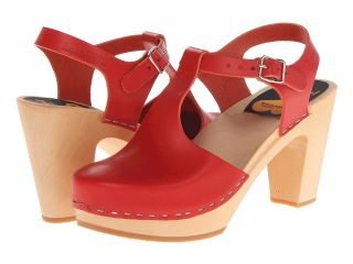 Swedish Hasbeens T Strap Sky High Womens Clog Shoes (Red)