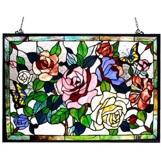 Floral Design Glass Bronze Window Panel (Green, blue, pink, red and yellowPattern Floral Dimensions 19 inches high x 27 inches wide x 0.5 inches deep Assembly Mounting hardware includedThis stained glass product has been protected with mineral oil as p