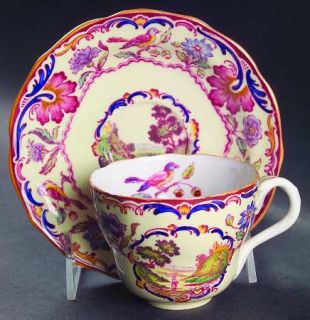 Spode Gobelin (Scalloped, Yellow Trim) Flat Cup & Saucer Set, Fine ...