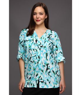 Calvin Klein Plus Size Printed Crew Roll Sleeve Womens Long Sleeve Button Up (Green)