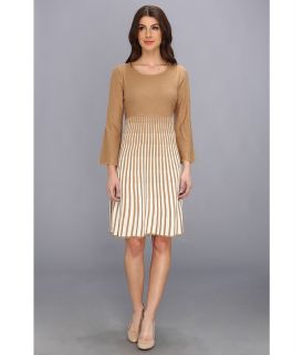 Calvin Klein L/S Sweater Dress w/Striped Skirt Womens Dress (Brown)