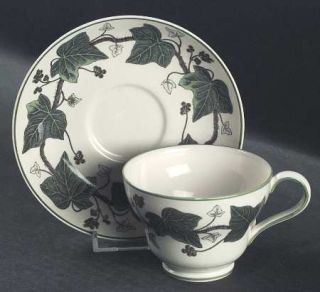 Wedgwood Napoleon Ivy Green Footed Cup & Saucer Set, Fine China Dinnerware   Que
