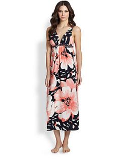 Oscar de la Renta Sleepwear Floral Print Long Gown   Coral Floral