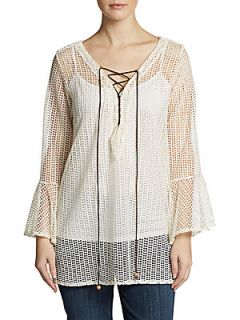 Mesh Lace Up Peasant Top   Off White