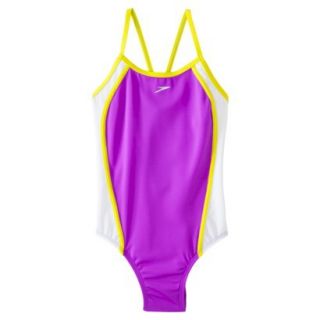 Speedo Girls 1 Piece Racer Back Mesh Splice Swimsuit   Purple 7