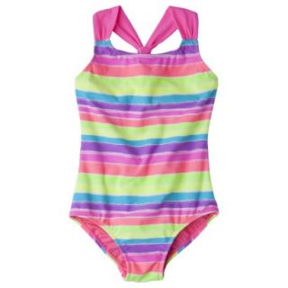 Xhilaration Girls Stripe 1 Piece Swimsuit   Rainbow L