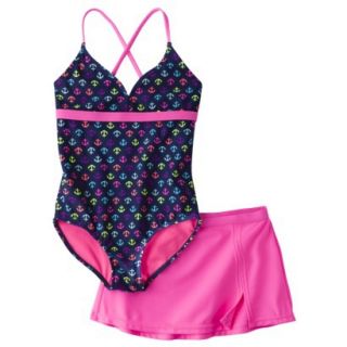 Xhilaration Girls Anchor 1 Piece Swimsuit and Cover Up Skirt Set   Blue/Pink S