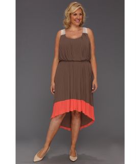 Jessica Simpson Plus Size Pleated Colorblock Dress w/ Crisscross Back Womens Dress (Taupe)