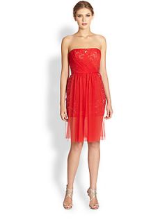 BCBGMAXAZRIA Tulle Over Lace Strapless Dress   Jewel Red Combo