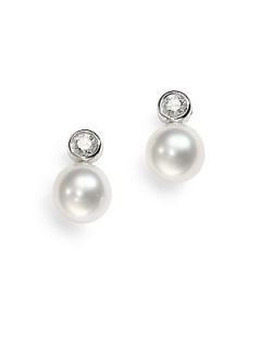 9MM 10MM White South Sea Pearl, Diamond & 18K White Gold Stud Earrin