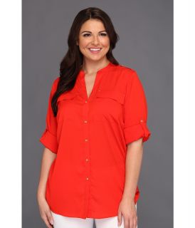 Calvin Klein Plus Size Mock Neck Roll Sleeve Blouse Womens Long Sleeve Button Up (Red)
