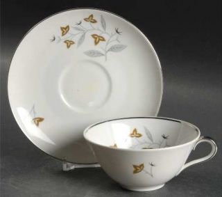 Baronet Marlene Flat Cup & Saucer Set, Fine China Dinnerware   Gray & Green Leav