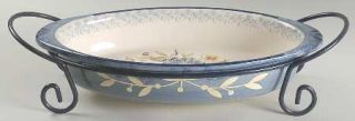 Flora Oval Baker with Metal Stand, Fine China Dinnerware   Blue Flowers&Rim,Whit
